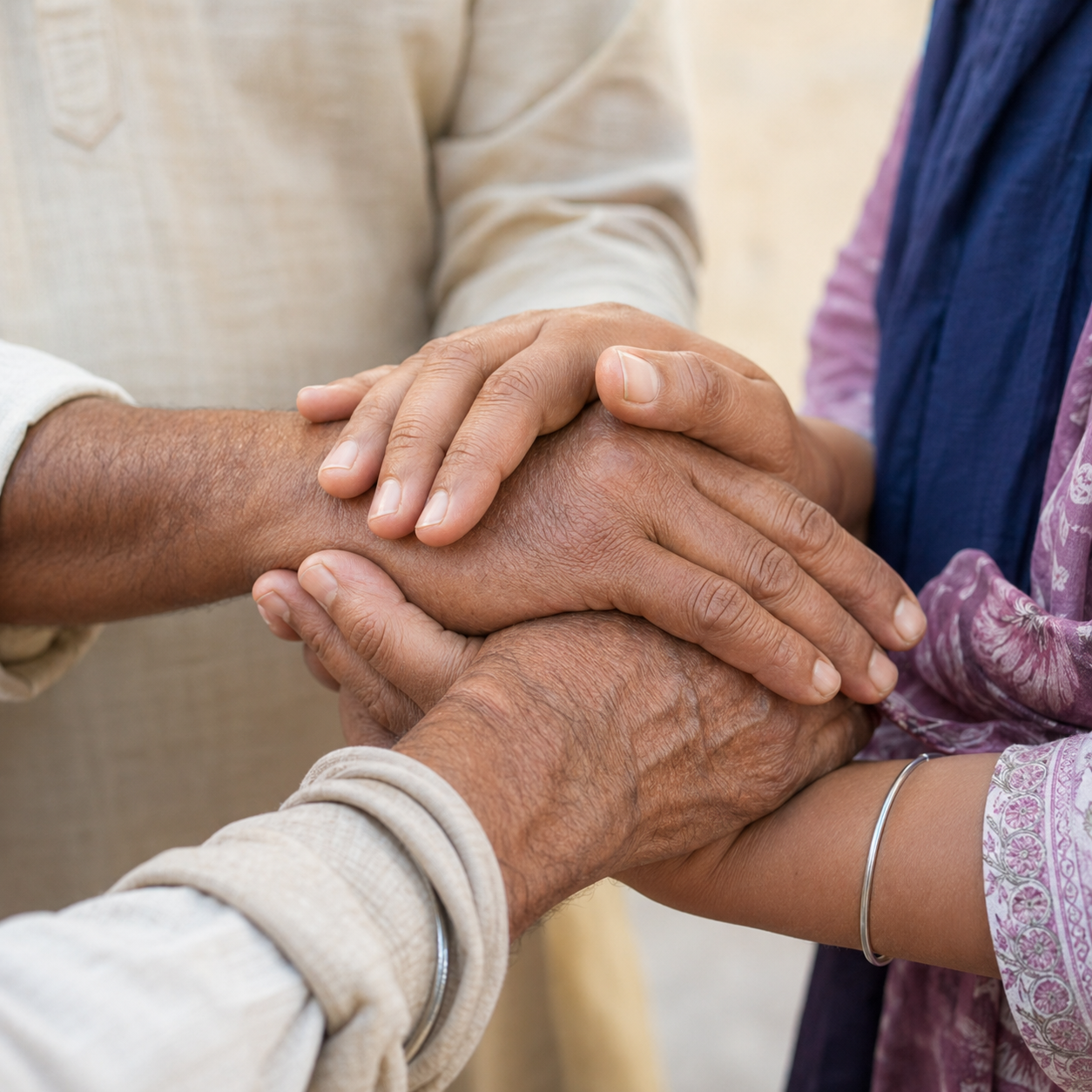Hands supporting each other in a gesture of community care