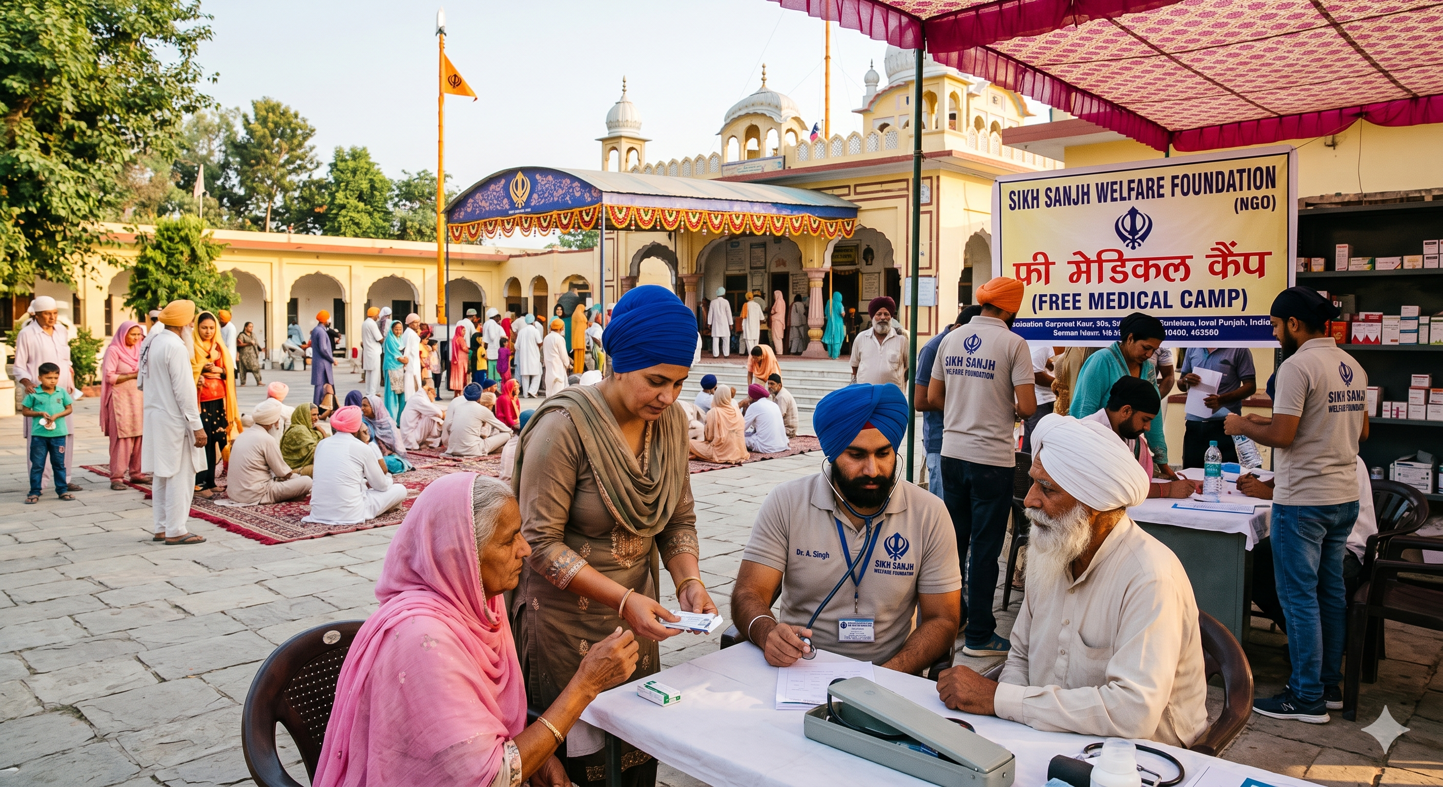 Healthcare volunteer assisting elderly man at a community health camp