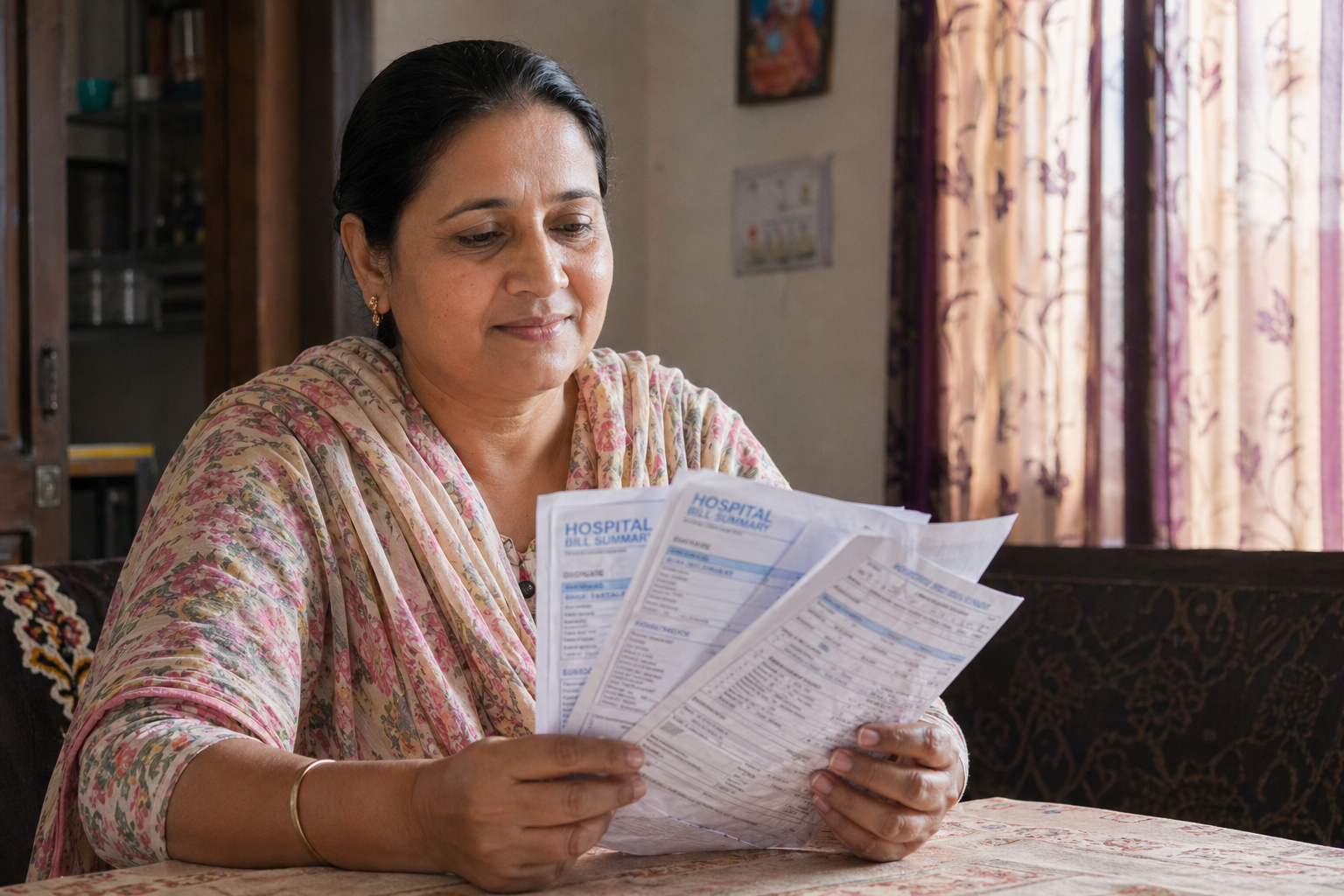 Middle-aged Punjabi woman holding hospital bills in a modest setting