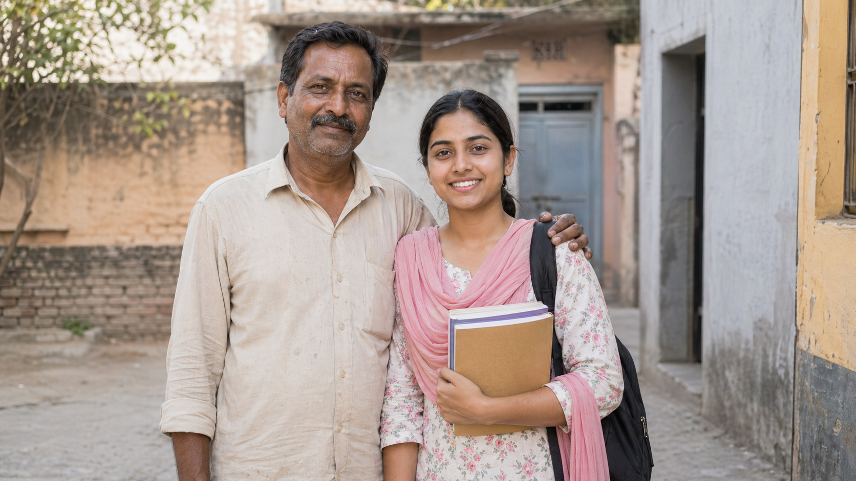 Manpreet Kaur standing with her father in Patiala, holding books after receiving scholarship support